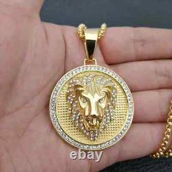 0.20Ct Round Natural Moissanite Lion Head Pendant 14K Yellow Gold Plated Silver
