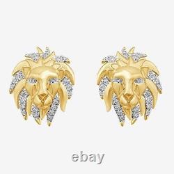 0.33CT Natural Diamond Lion Head Stud Earrings 14K Yellow Gold Plated Silver