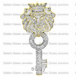 10K Yellow Gold Genuine Diamond Lion Head & Key Pendant 1.90 Pave Charm 7/8 CTW