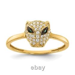 10K Yellow Gold Polished Clear and Green Cubic Zirconia Lioness Head Ring