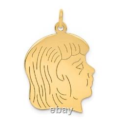 14K Yellow Gold. 011 Depth Engravable Girl Head Charm Pendant for Womens