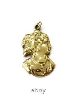 14K Yellow Gold Beauty Women Head Goddess Charm Necklace Pendant 3.9g