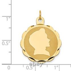 14K Yellow Gold Boy Head on Engravable Scalloped Disc Charm Pendant L-1.15 Inch