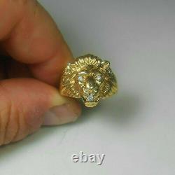14K Yellow Gold Finish Men's Round-Cut White 3 Diamond Lion Head Ring