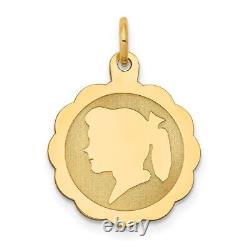 14K Yellow Gold Girl Head on. 011 Gauge Engravable Scalloped Disc Charm Pendant