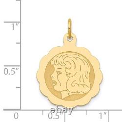 14K Yellow Gold Girl Head on Engravable Scalloped Disc Charm Pendant L-0.99 Inch