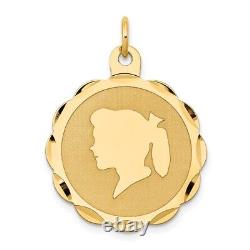 14K Yellow Gold Girl Head on Engravable Scalloped Disc Charm Pendant L-1.15 Inch
