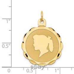14K Yellow Gold Girl Head on Engravable Scalloped Disc Charm Pendant L-1.15 Inch