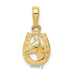 14K Yellow Gold Horseshoe with Horse Head Charm Pendant 0.59 Inch