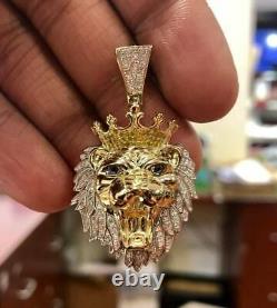 14K Yellow Gold Over Mens Crown Lion Head Charm Pendant Round Diamond