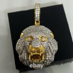 14K Yellow Gold Plated 4.50 CT Round Real Moissanite Lion Head Pendant Charm