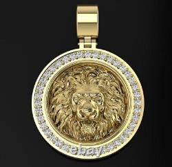 14K Yellow Gold Plated Lion Head Face Pendant 3. Ct Round Cut Simulated Diamond