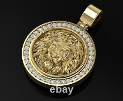 14K Yellow Gold Plated Lion Head Face Pendant 3. Ct Round Cut Simulated Diamond