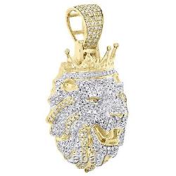 14K Yellow Gold Plated Round Diamond Simulated Lion Head Crown Pendant Charm 2CT