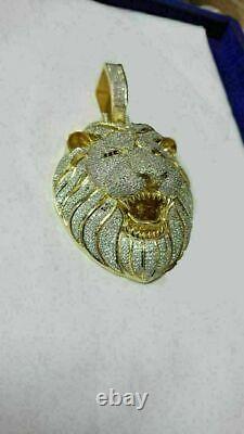 14K Yellow Gold Plated Sliver 4ct Round Simulated Diamond Lion Head Pendant