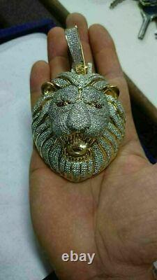 14K Yellow Gold Plated Sliver 4ct Round Simulated Diamond Lion Head Pendant