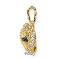 14K Yellow Gold Polished Green & White CZ Lioness Head Pendant