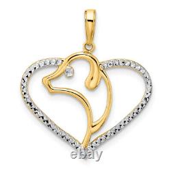 14K Yellow Gold White Dog Head Heart Necklace Charm Pendant