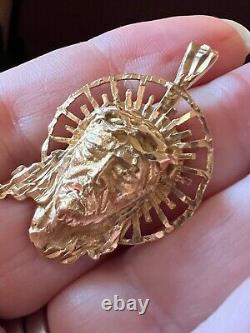 14k Yellow Gold Jesus Christ Head Pendant Necklace Religious Great Detailed Work