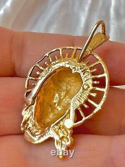 14k Yellow Gold Jesus Christ Head Pendant Necklace Religious Great Detailed Work