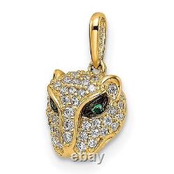 14k Yellow Gold Polished Green White CZ Lioness Head Pendant 10 mm x 8 mm
