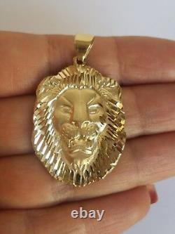 14k Yellow Gold lion head Pendant charm 1.65 inch long