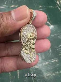 1.50Ct Round Cut Real Moissanite Jesus Head Face Pendant 14K Yellow Gold Plated