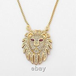 1.70 Ct Round Real Moissanite Lion Head Pendant 14K Yellow Gold Plated Silver