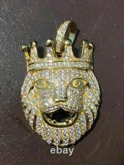 2Ct Round Cut Real Natural Moissanite Lion Head Pendant 14K Yellow Gold Plated