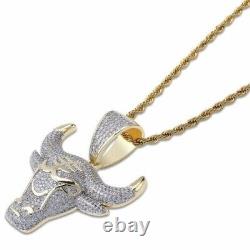 2.20Ct Round Real Moissanite Bull Head Pendant 14K Yellow Gold Plated 18Chain