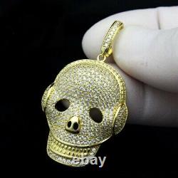 2 Ct Round Cut Simulated Diamond Head Phone Skull Pendant 14k Yellow Gold Plated