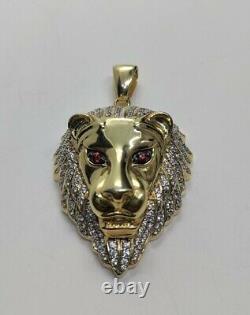 3CT Round VVS1 Real Moissanite Lion Head Charm Pendet 14k Yellow Gold Finish