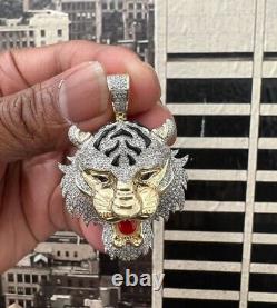 3Ct Round Real Natural Moissanite Tiger Head Face Pendant 14k Yellow Gold Plated