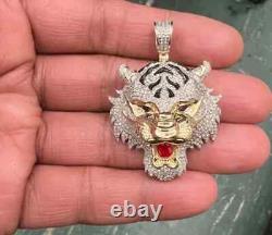 3.00Ct Round Cut Real Moissanite Tiger Head Face Pendant 14k Yellow Gold Plated