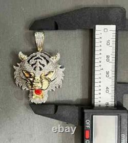 3.00Ct Round Cut Real Moissanite Tiger Head Face Pendant 14k Yellow Gold Plated