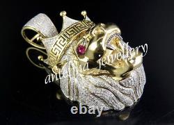 3.75CT Roaring Lion Head of Simulated Diamond & Ruby Eyes 14k Yellow Gold Plated