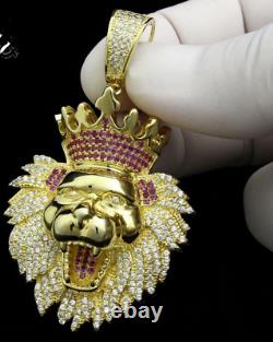 4CT Lab Created Diamond Lion Head Crown Pendant 14K Yellow Gold Plated 18 Chain