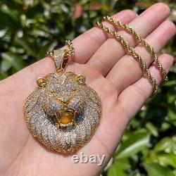 4Ct Round Real Moissanite Men's Lion Head Pendant 14K Yellow Gold Plated Silver