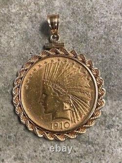 Authentic 1910 $10 Indian Head Coin Pendant 14k Yellow Gold Over Rope Bezel