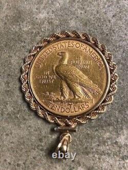 Authentic 1910 $10 Indian Head Coin Pendant 14k Yellow Gold Over Rope Bezel