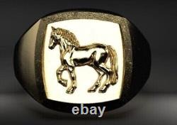 Horseshoe Horse Head Good Luck Ring Solid 14k Yellow Gold over Lucky Charm Band