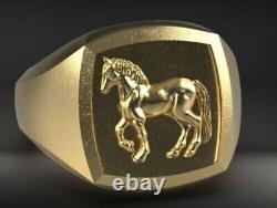 Horseshoe Horse Head Good Luck Ring Solid 14k Yellow Gold over Lucky Charm Band