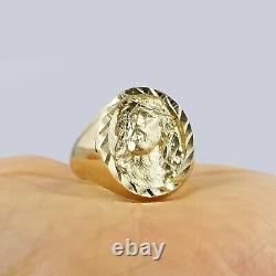 Men 10k Yellow Gold Jesus Head Ring Diamond Cut Size 10 Thick Band Sizable