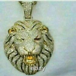 Men 4Ct Round Cut Real Moissanite Lion Head Charm Pendant 14K Yellow Gold Plated