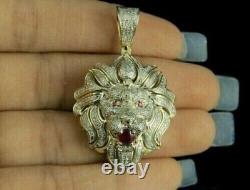 Men's Lion Head Pendant Lab Created Ruby 1.50 Carat 14K Yellow Gold Plated 2 in