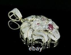 Men's Lion Head Pendant Lab Created Ruby 1.50 Carat 14K Yellow Gold Plated 2 in