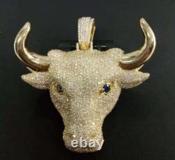 Men's Real Moissanite 7. Ct Round Cut Bull Head 2 Pendant 14K Yellow Gold Plated