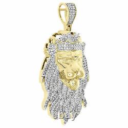 Pave 2Ct Round Real Moissanite Lion Head Pendant 14K Yellow Gold Silver Plated