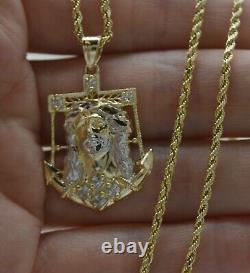 Real 10K Yellow Gold C Z Jesus Head Anchor Diamond Cut Pendant + Chain 16-24