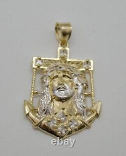 Real 10K Yellow Gold C Z Jesus Head Anchor Diamond Cut Pendant + Chain 16-24